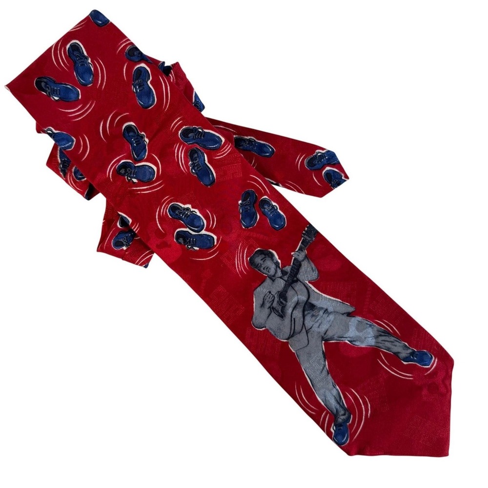 Vintage 1993 Elvis Presley Blue Suede Shoes Red Silk Tie 56.5"